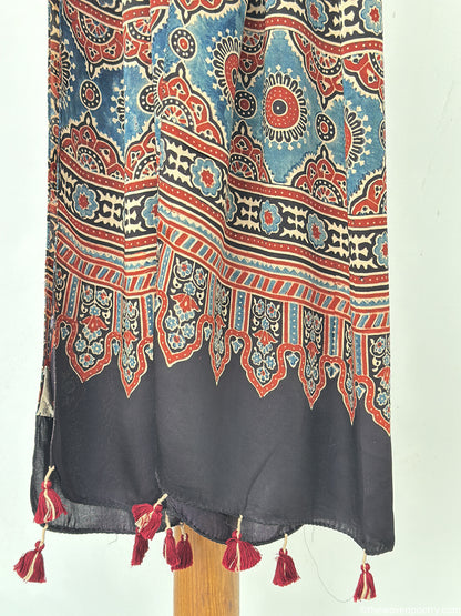 Black modal silk Ajrakh border stole handcrafted by Woven Poetry