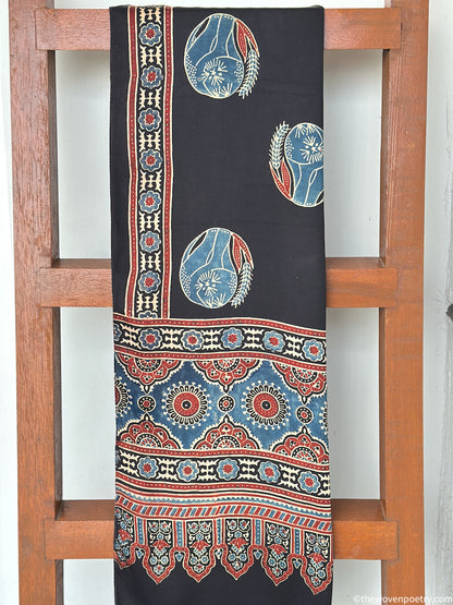 Black modal silk Ajrakh border stole handcrafted by Woven Poetry