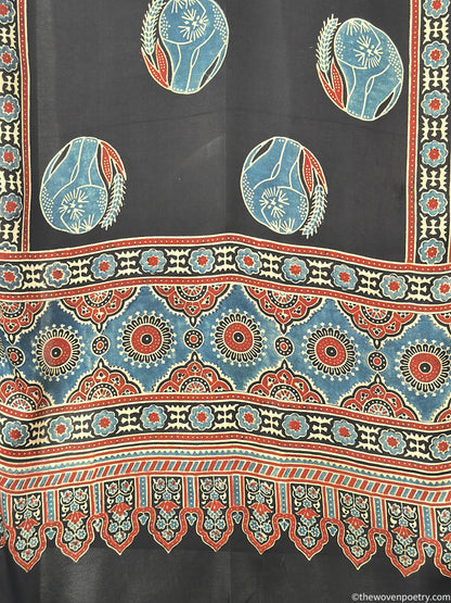 Black modal silk Ajrakh border stole handcrafted by Woven Poetry