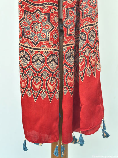 Lightweight handcrafted red stole styled for festive and everyday wear with artisanal detailing
