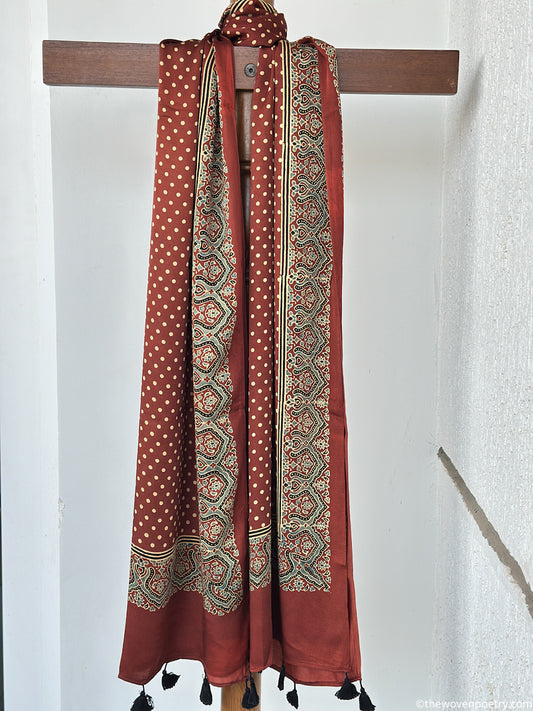 Rust modal silk Ajrakh printed handcrafted stole by Woven Poetry 