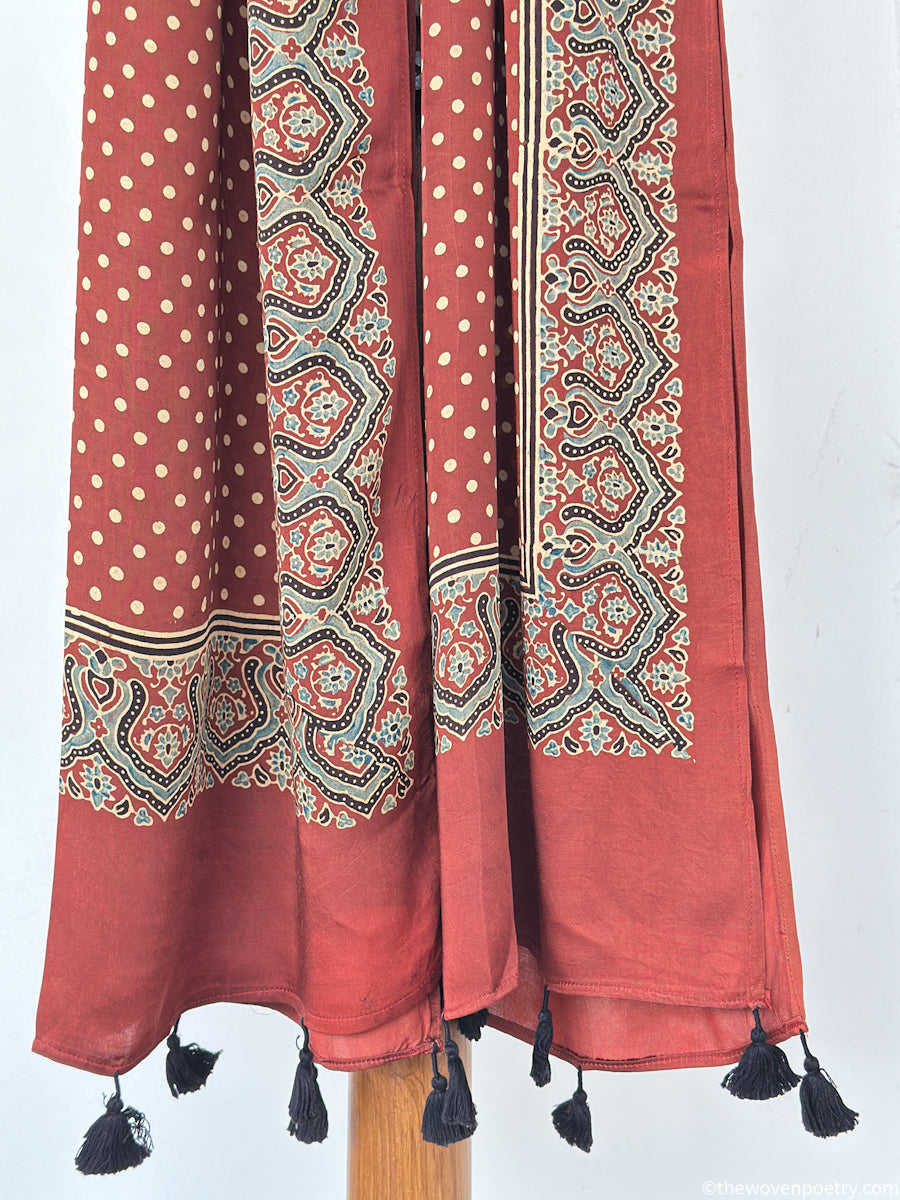 Rust modal silk Ajrakh printed handcrafted stole by Woven Poetry 