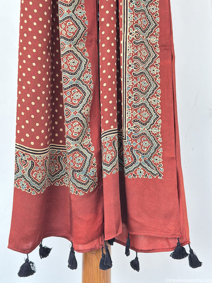 Rust modal silk Ajrakh printed handcrafted stole by Woven Poetry 