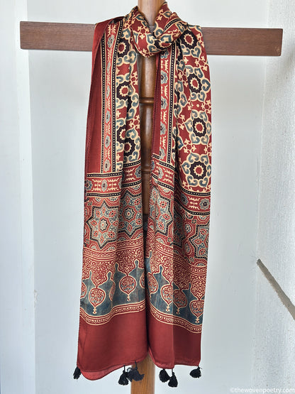 Rust floral vine modal silk handcrafted stole by Woven Poetry