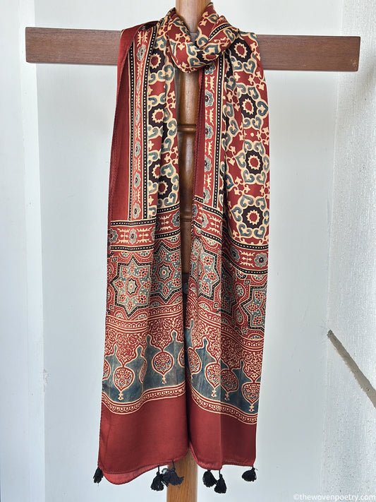 Rust floral vine modal silk handcrafted stole by Woven Poetry