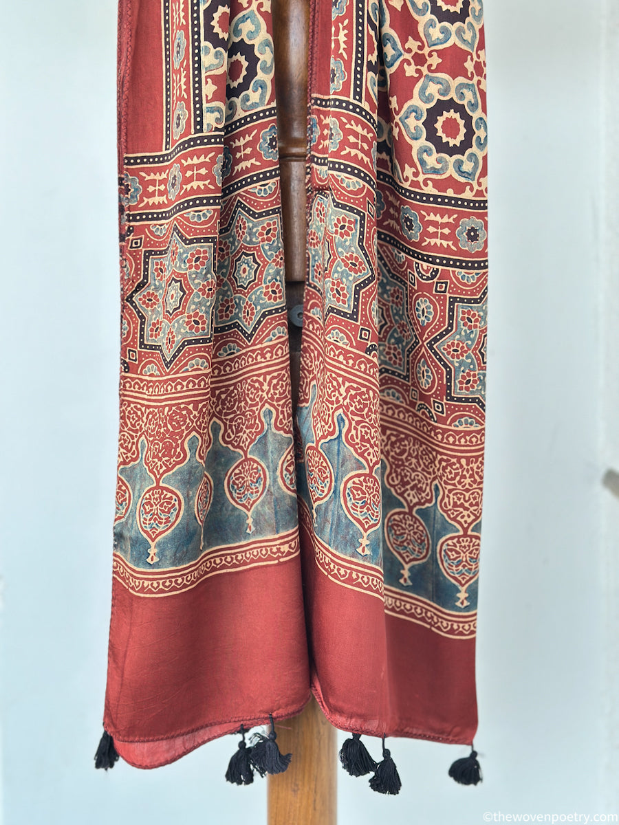 Rust floral vine modal silk handcrafted stole by Woven Poetry