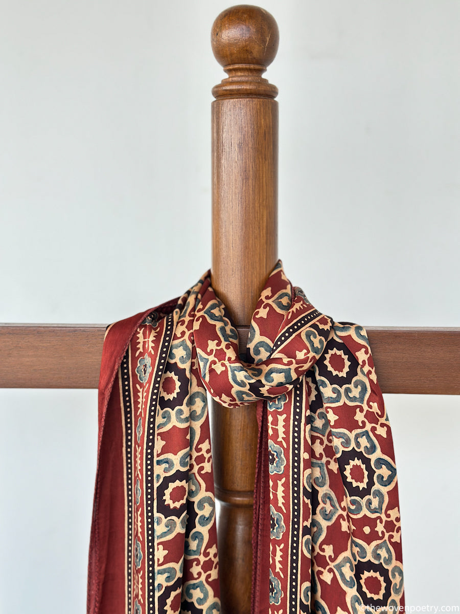 Rust floral vine modal silk handcrafted stole by Woven Poetry